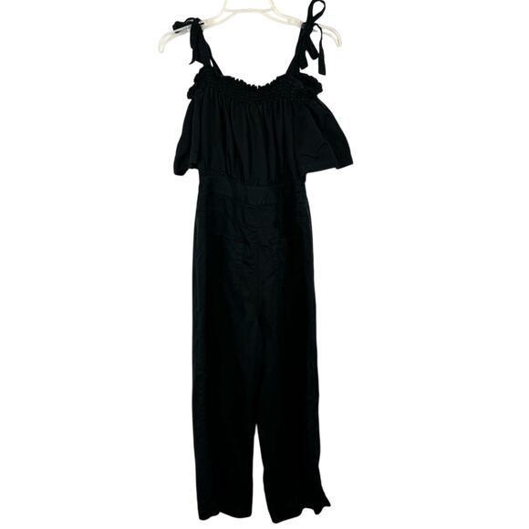 7 For All Mankind Black Off the Shoulder Cropped Leg Tencel Linen Jumpsuit Sz S - Picture 8 of 12